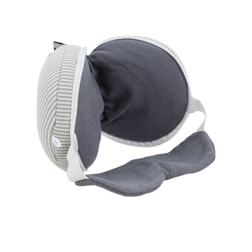 Dark gray eye mask with padded curved shape and soft white strap