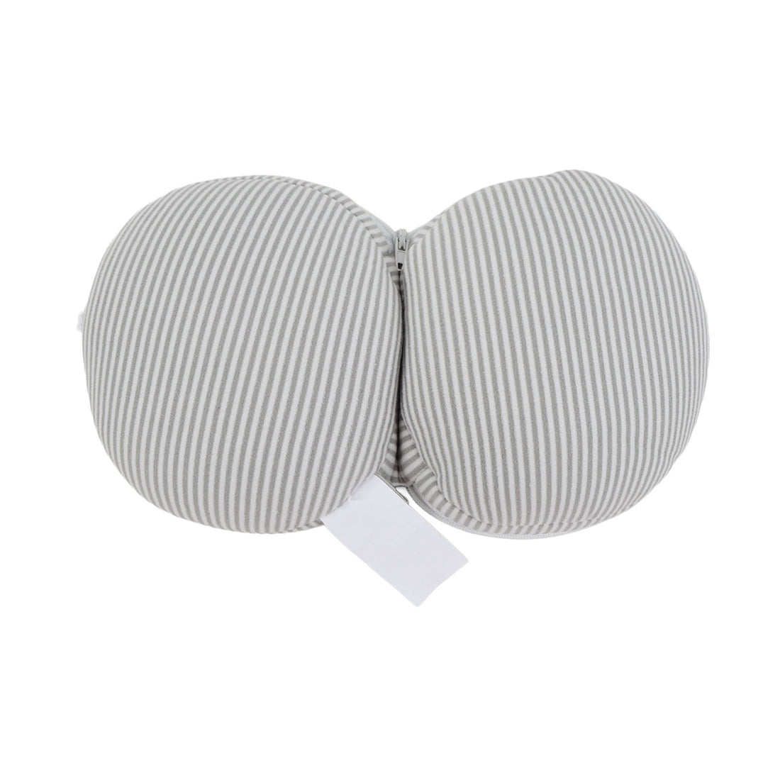 Striped gray eye mask with padded round shape and small hanging tag