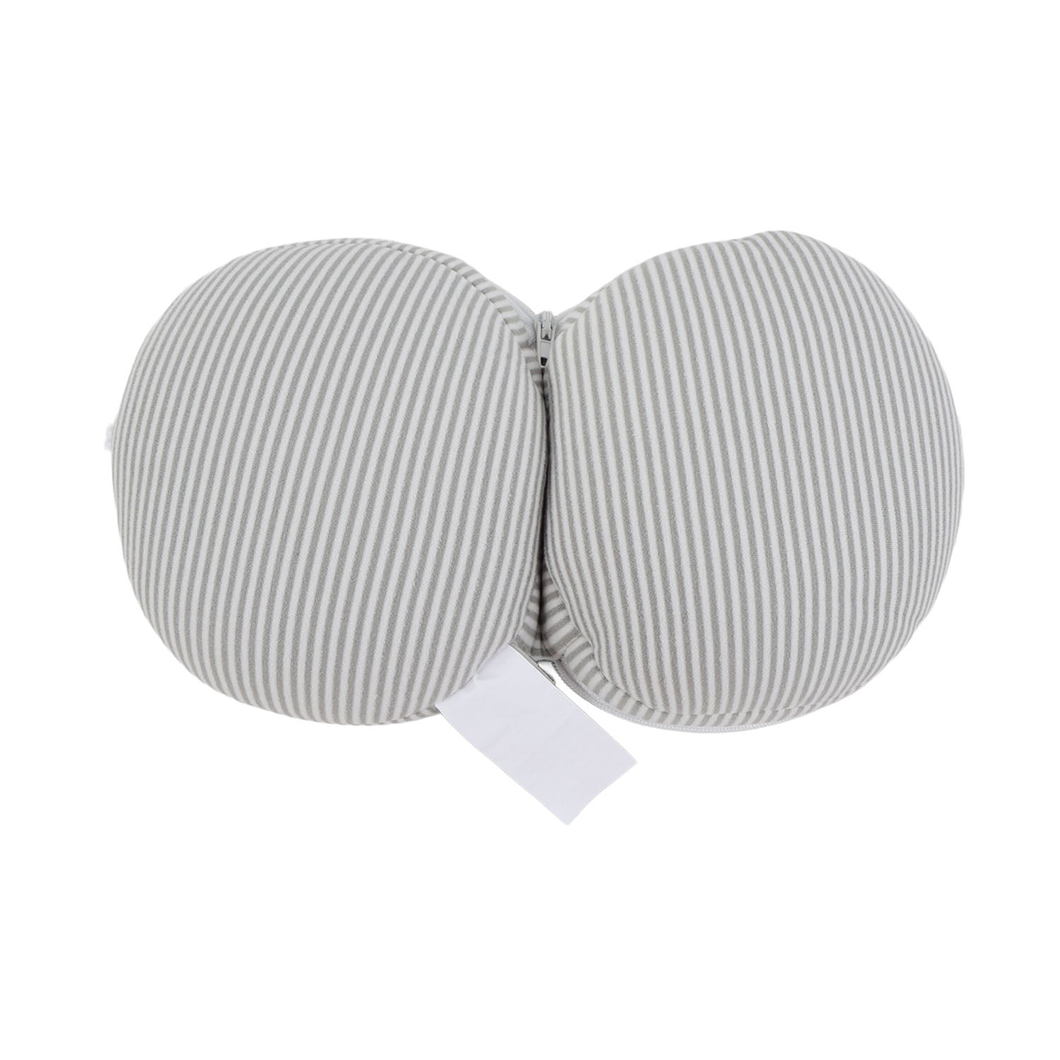 Striped gray eye mask with padded round shape and small hanging tag