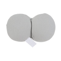 Striped gray eye mask with padded round shape and small hanging tag