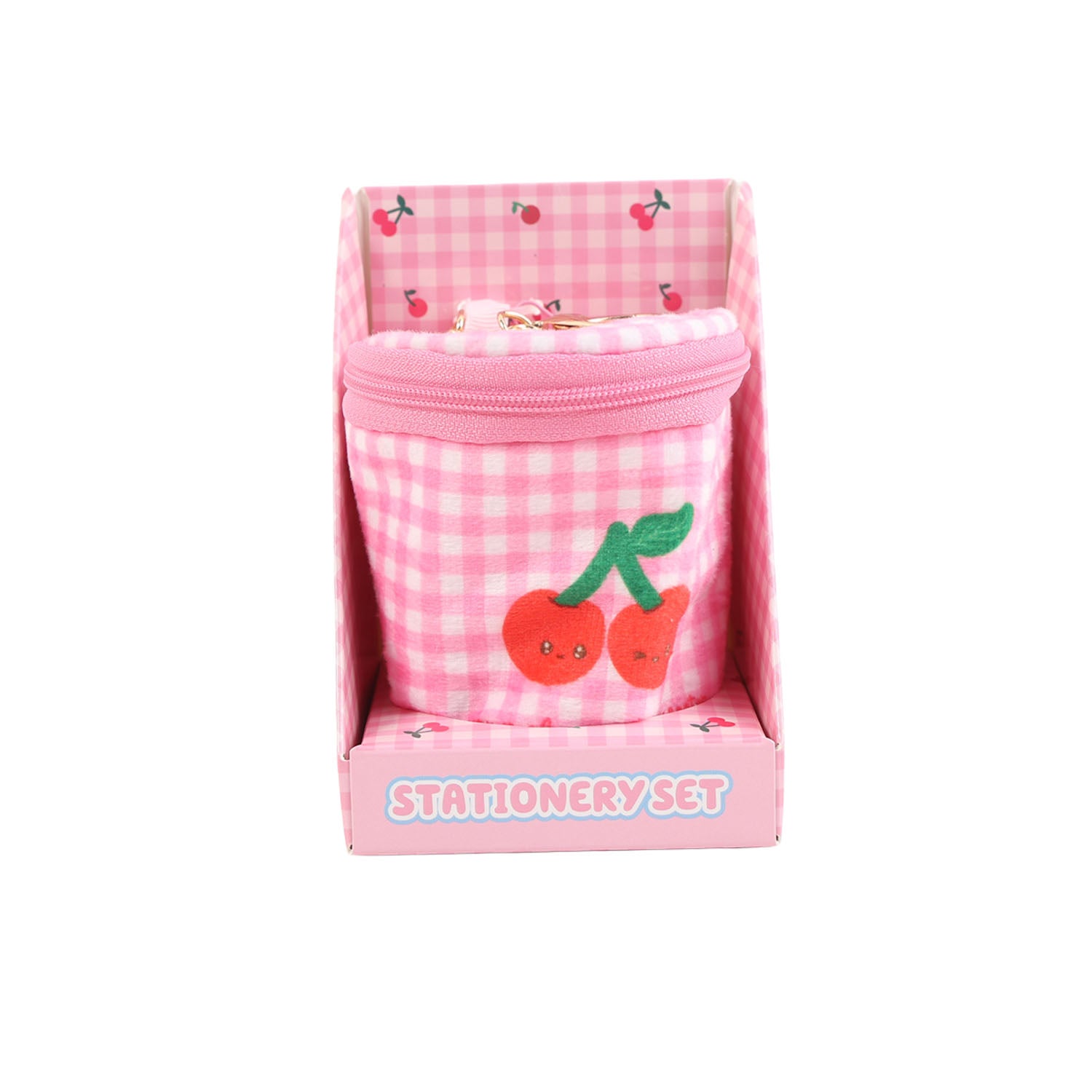 Pink gingham stationery set pouch in printed gift box