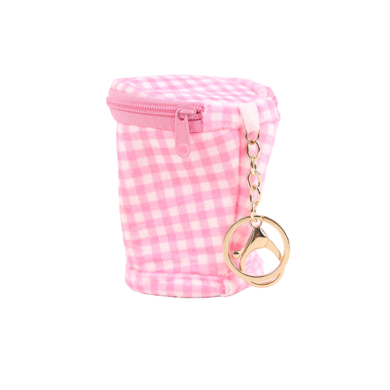 Pink gingham pencil pouch with zipper and round keychain
