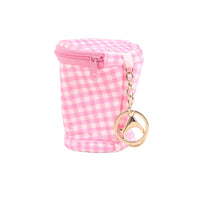 Pink gingham pencil pouch with zipper and round keychain