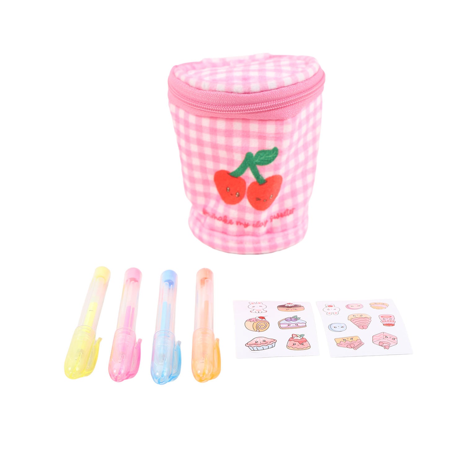 Pink gingham stationery pouch with colored pencils and sticker sheets