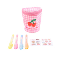 Pink gingham stationery pouch with colored pencils and sticker sheets