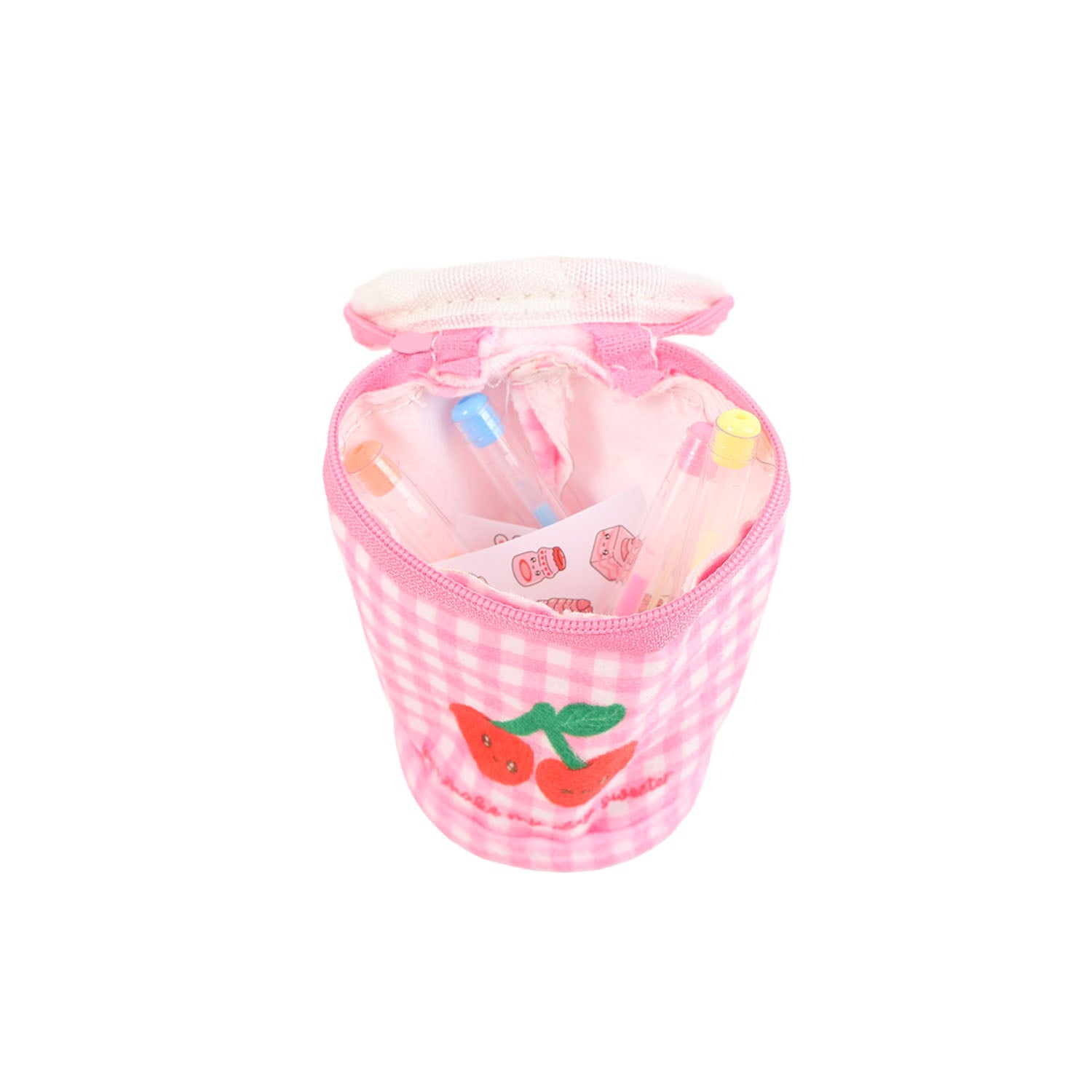 Pink gingham stationery pouch with open top and small supplies inside