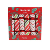Celebration party crackers 6-pack in red gift box with striped cracker rolls