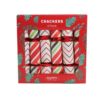 Celebration party crackers 6-pack in red gift box with striped cracker rolls