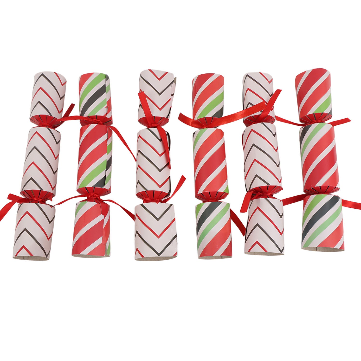 Set of 6 celebration crackers with red ribbon and red, white, green striped wraps