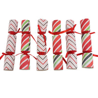 Set of 6 celebration crackers with red ribbon and red, white, green striped wraps