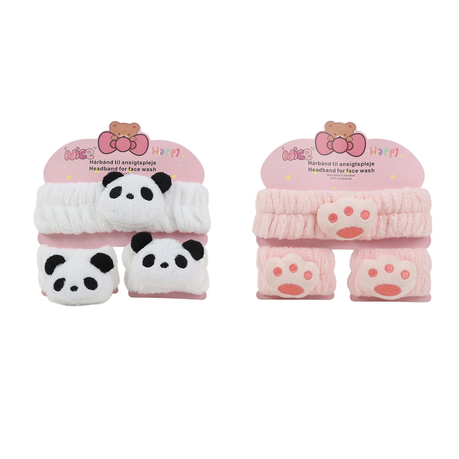 Panda plush headband with two matching wristbands, black-and-white panda faces