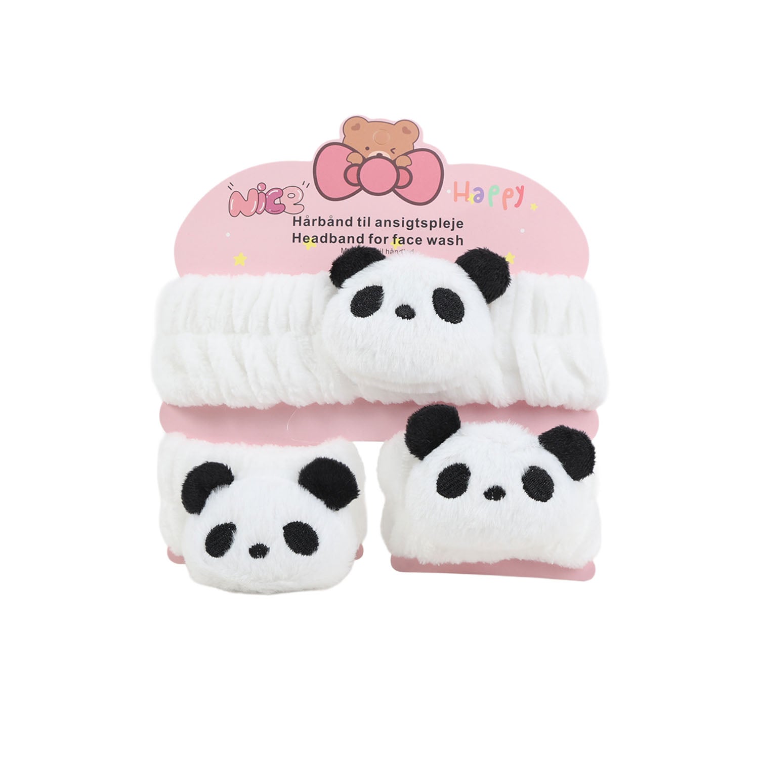 Panda plush headband set with matching wristbands, black-and-white faces