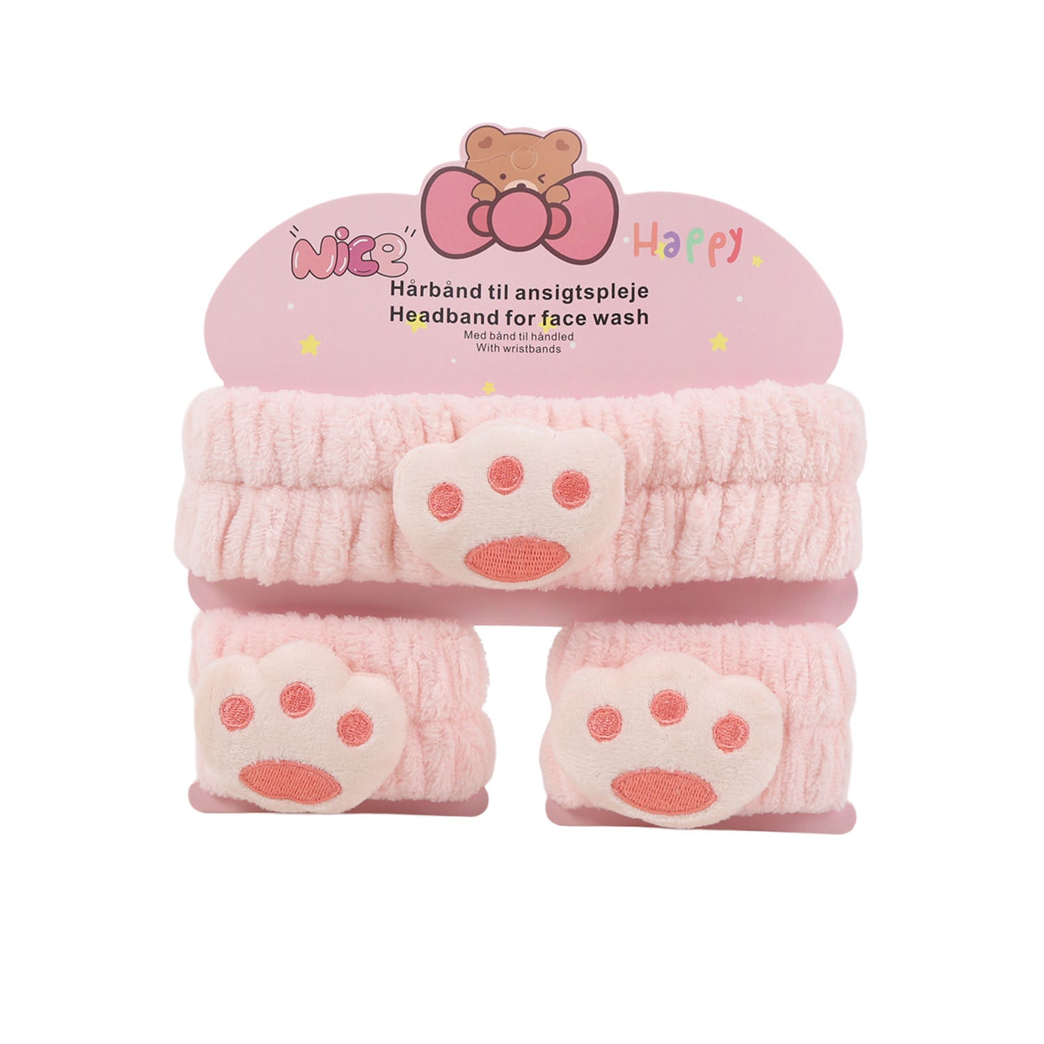 Pink plush headband set with matching wristbands, bear paw prints in blush