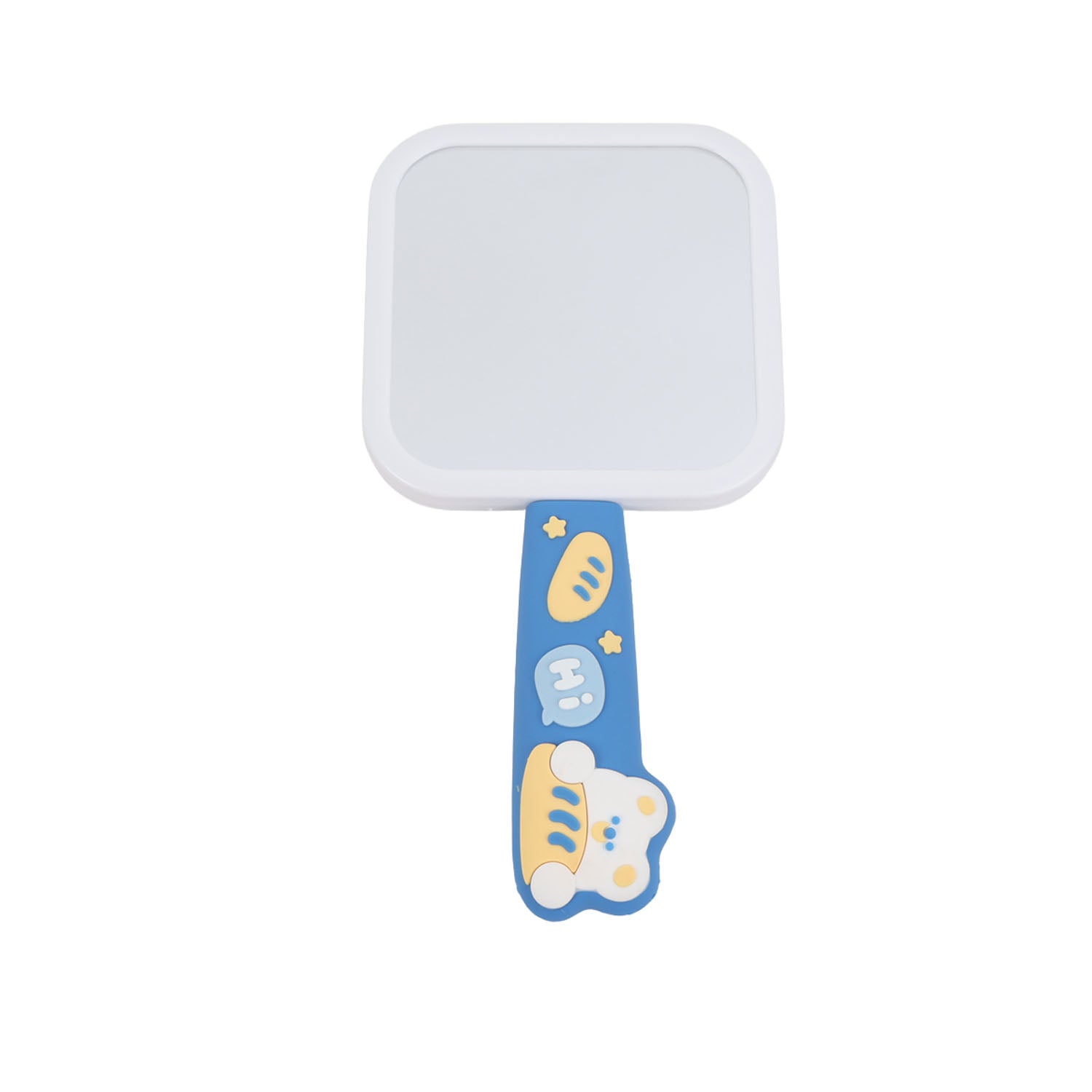 Square handle mirror with white face, blue handle, and bear graphic