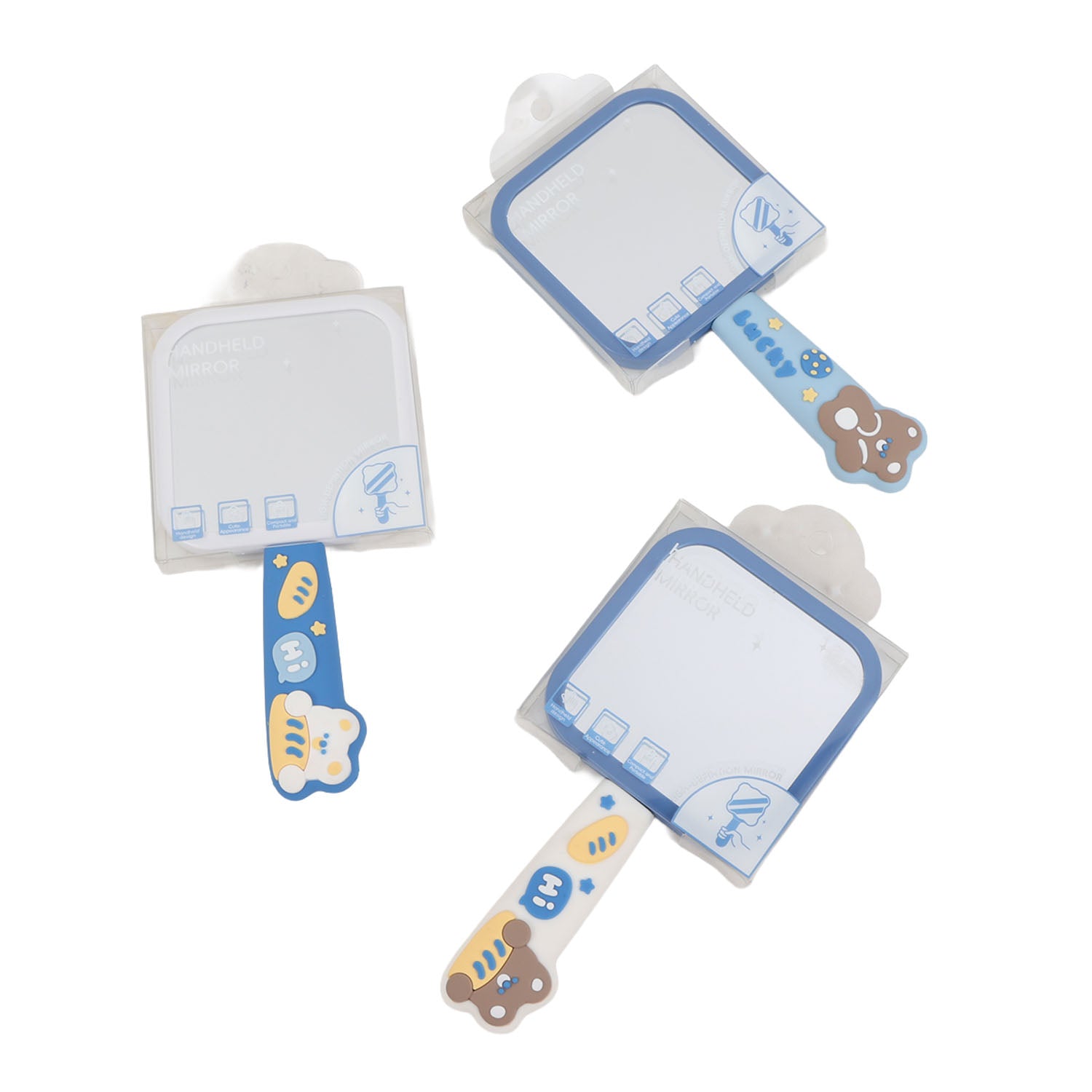 Square handle mirror with blue frame, bear handle, and cloud topper in angled views