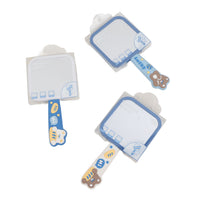Square handle mirror with blue frame, bear handle, and cloud topper in angled views