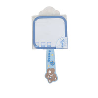Square handle mirror with blue trim and bear, bread, and cloud stickers