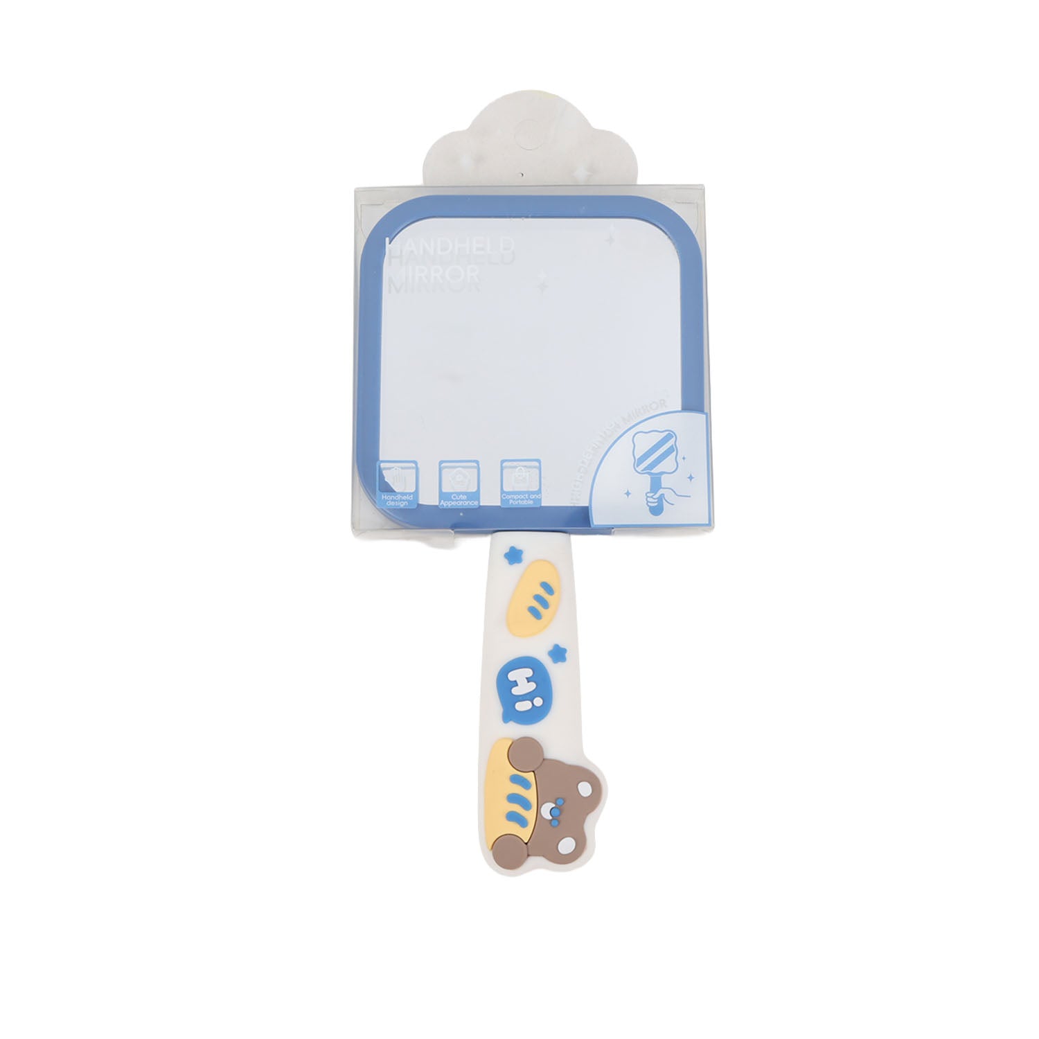 Square handle mirror with blue border and bear handle with cloud topper