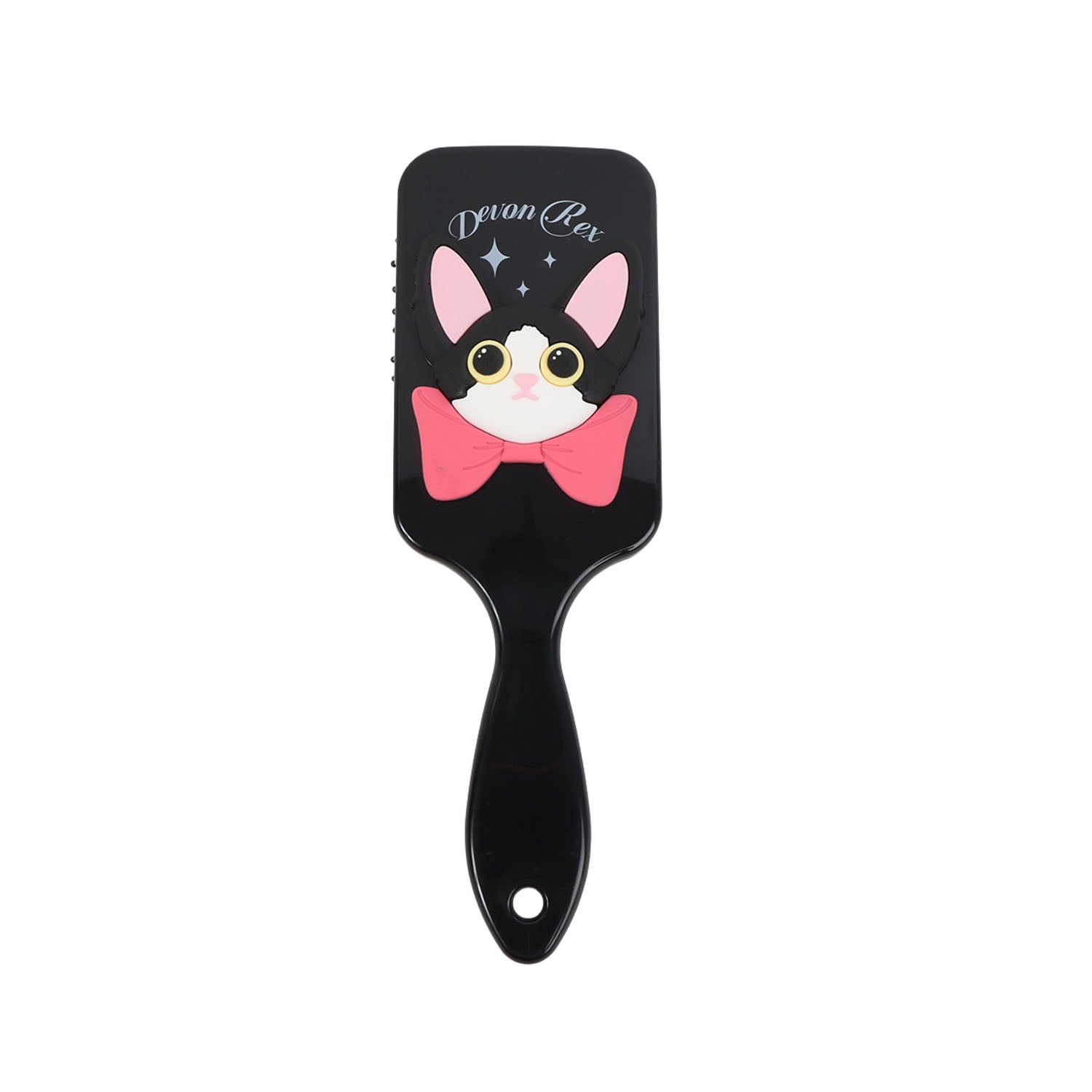 Black cat-themed square hair brush with pink bow; pin-studded pad and long handle