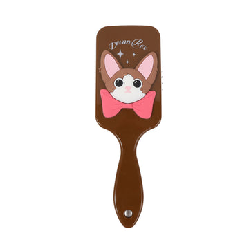 Brown cat-themed square hair brush with pink bow; pin-studded pad and long handle