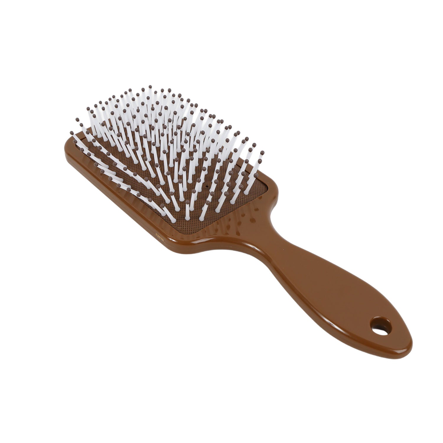 Brown square hair brush with pin-studded pad and perforated backing; round hanging hole