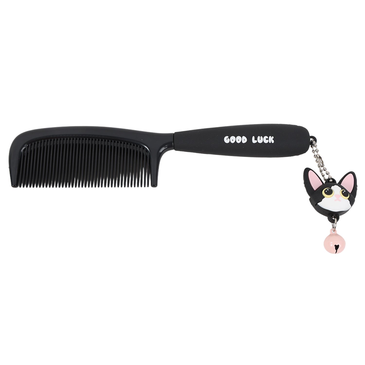 Black cat flat comb with metal chain charm and pink cat keyring