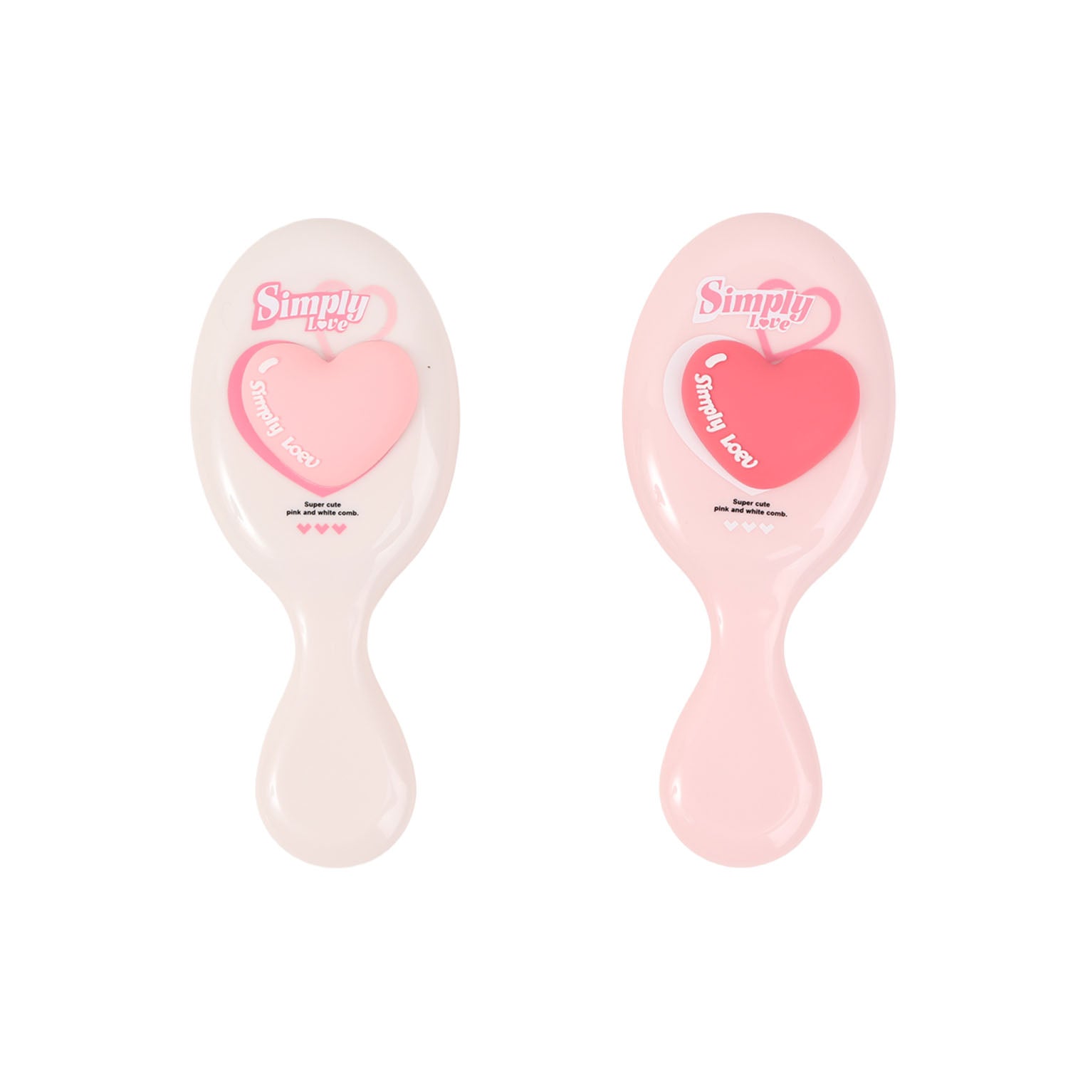 Two oval cushion hair brushes: off-white and light pink, each with heart graphic