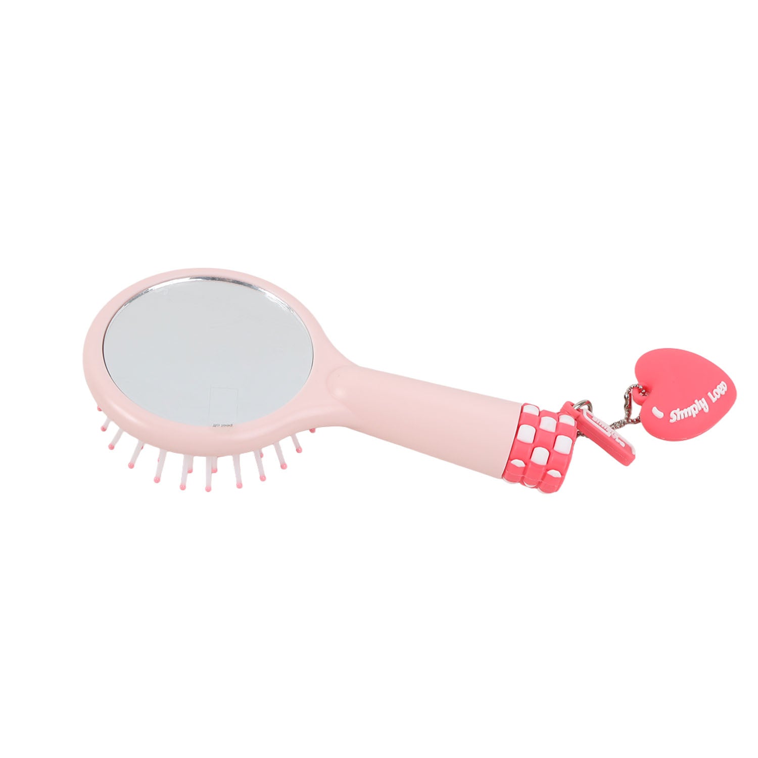 Light pink hair brush with oval mirror back, pink bristles, heart charm and strap