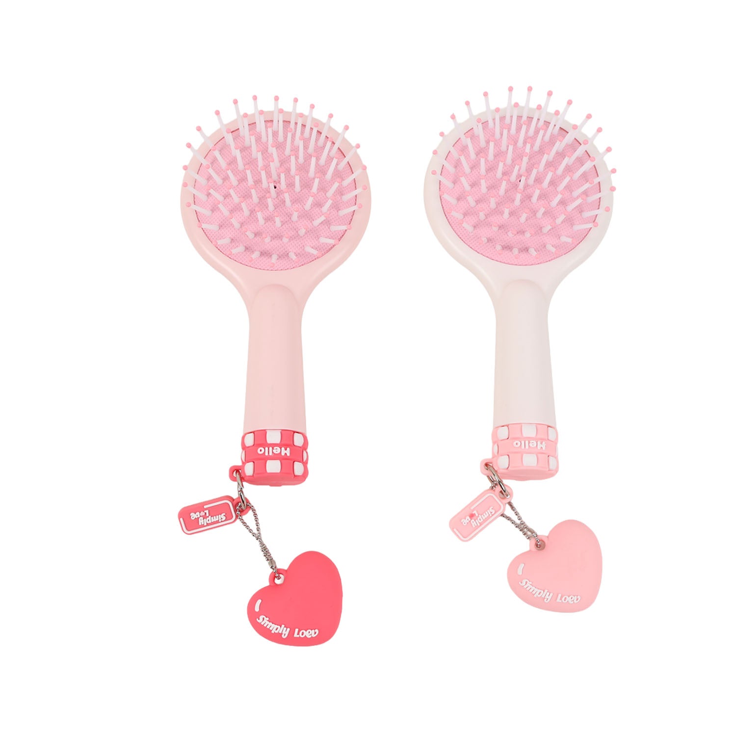Two light pink round hair brushes with cushion base, pink bristles, heart charms