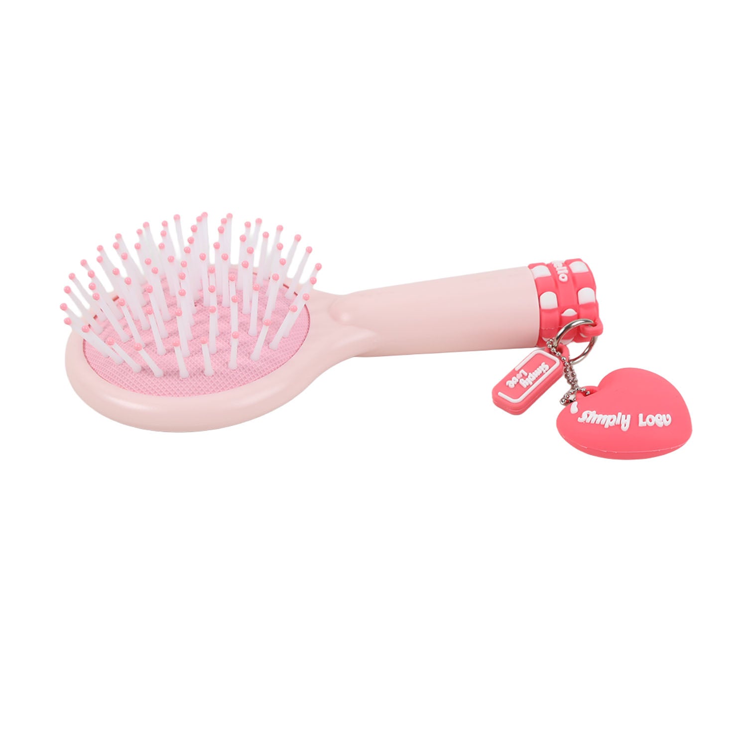 Light pink paddle hair brush with pink bristles, red check strap and heart tag