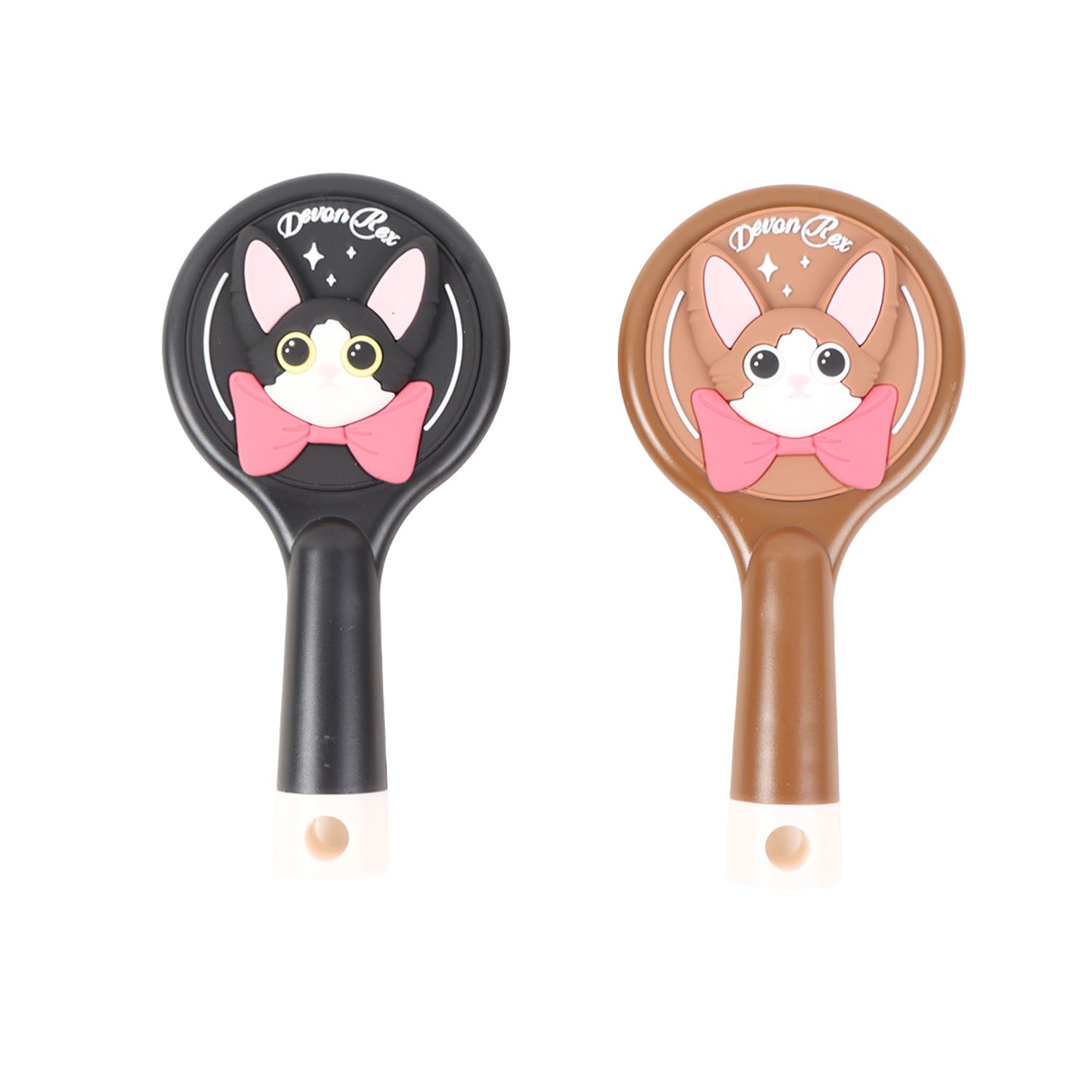 Black and brown round cat cushion brushes with Devon Rex face graphics