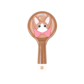 Brown round cat cushion brush with Devon Rex face and pink bow graphic