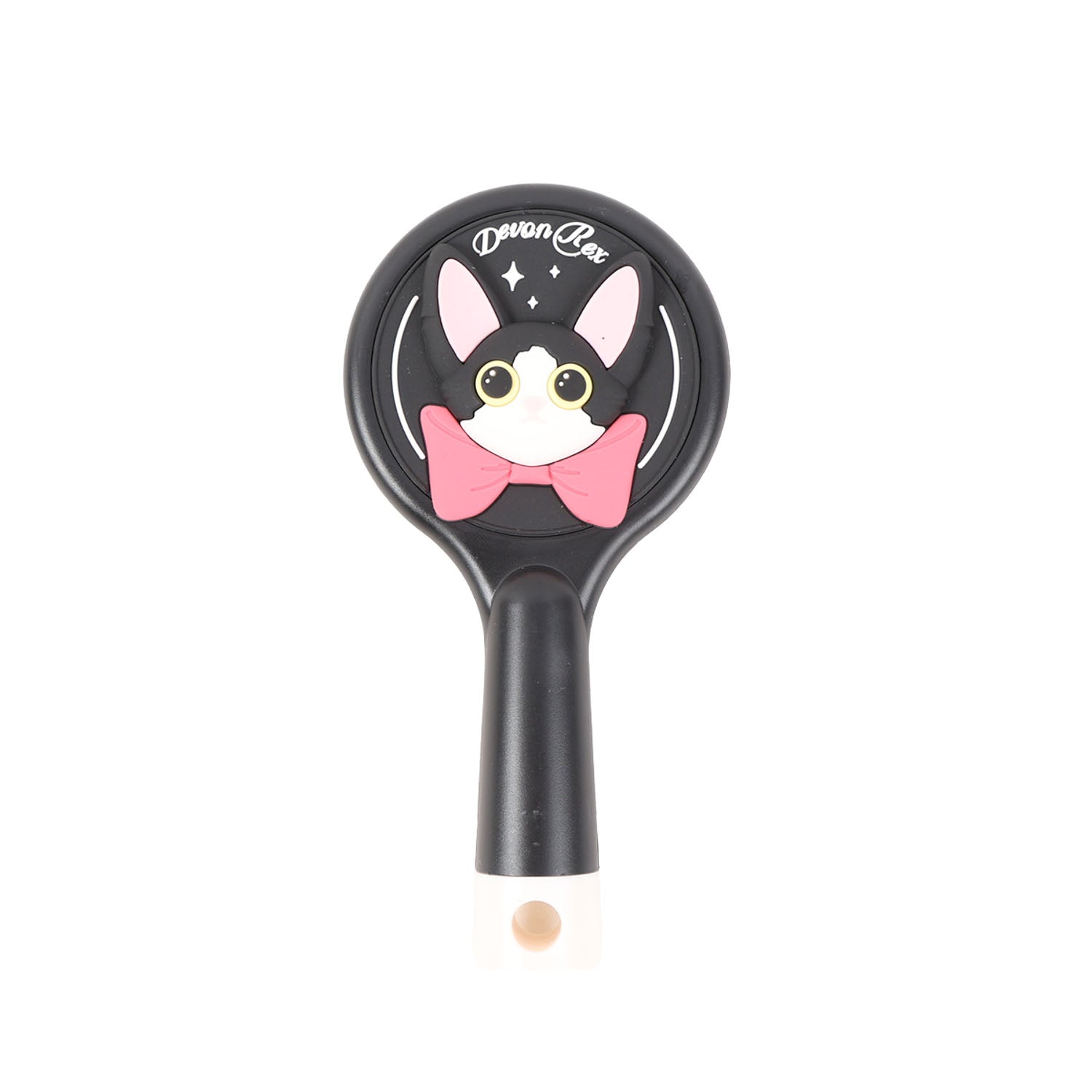 Black round cat cushion brush with Devon Rex face graphic on head