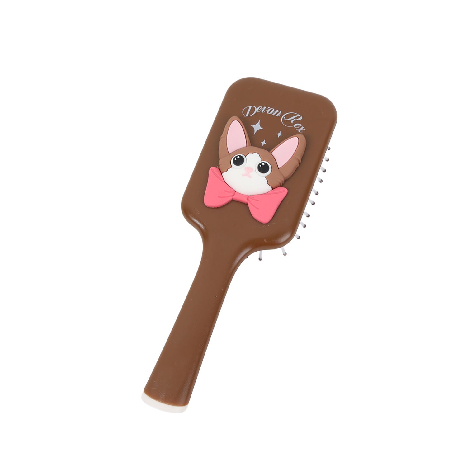 Brown square cushion comb with cat face graphic and white pin teeth