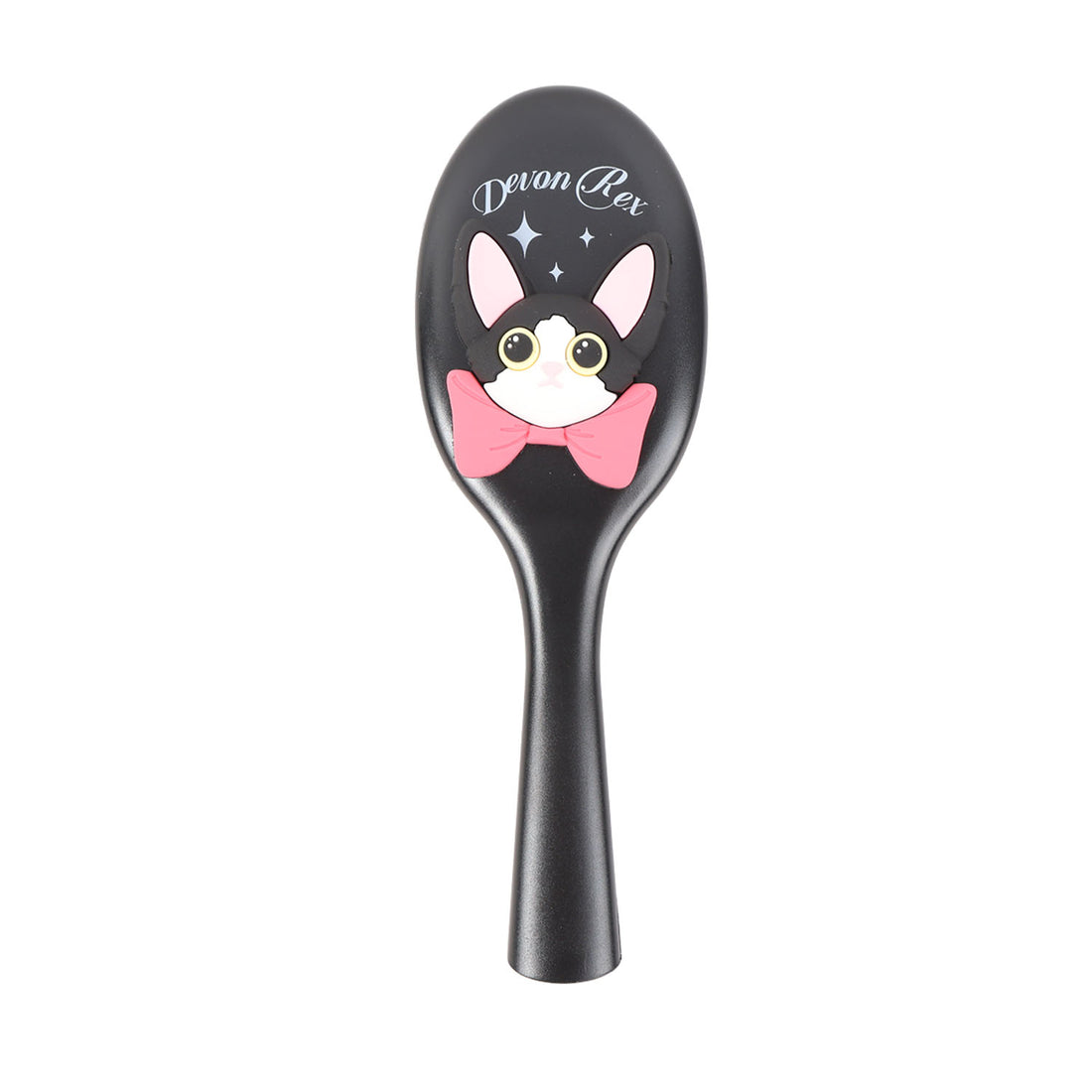 Black oval cushion hair brush with cartoon cat face on handle