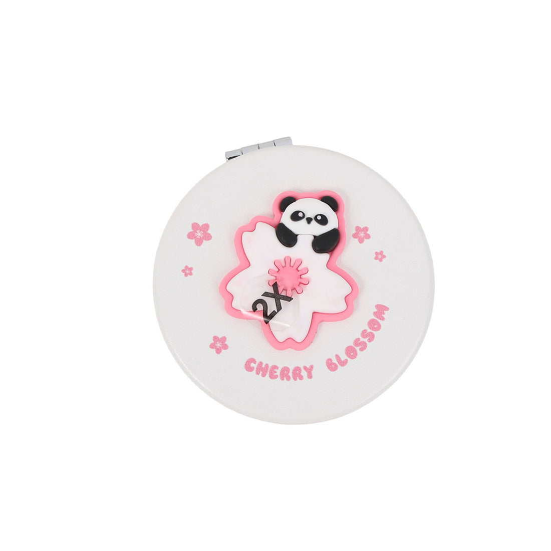 Off-white round double-sided mirror with panda and cherry blossom graphic on the cover