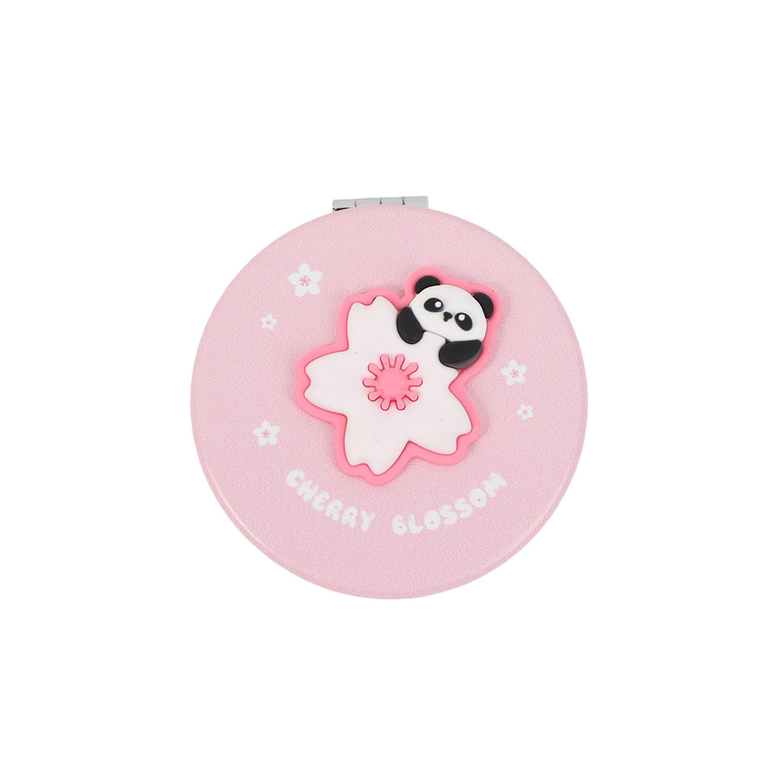 Pink round double-sided mirror with panda and cherry blossom graphic on the cover