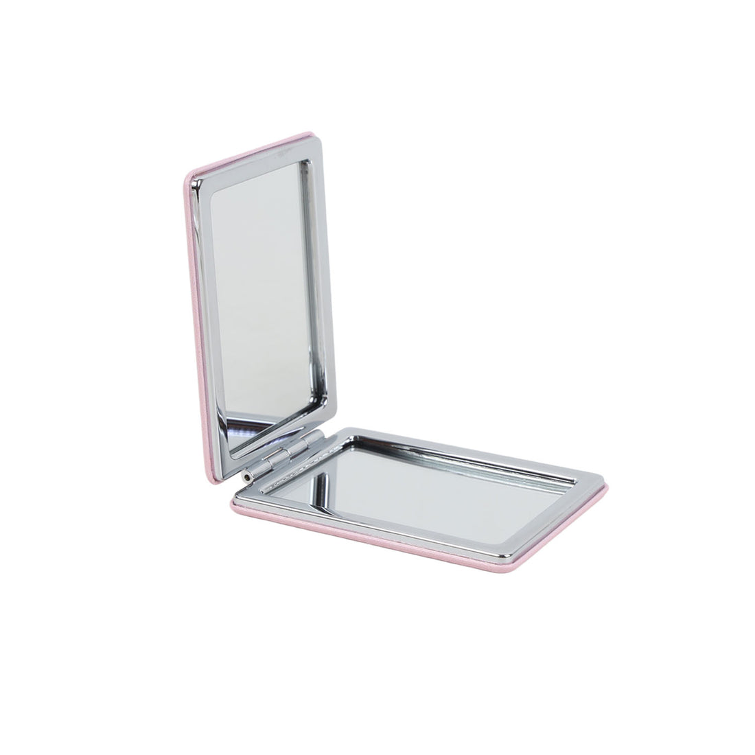 Open square double-sided mirror with pink frame and reflective silver mirror panels