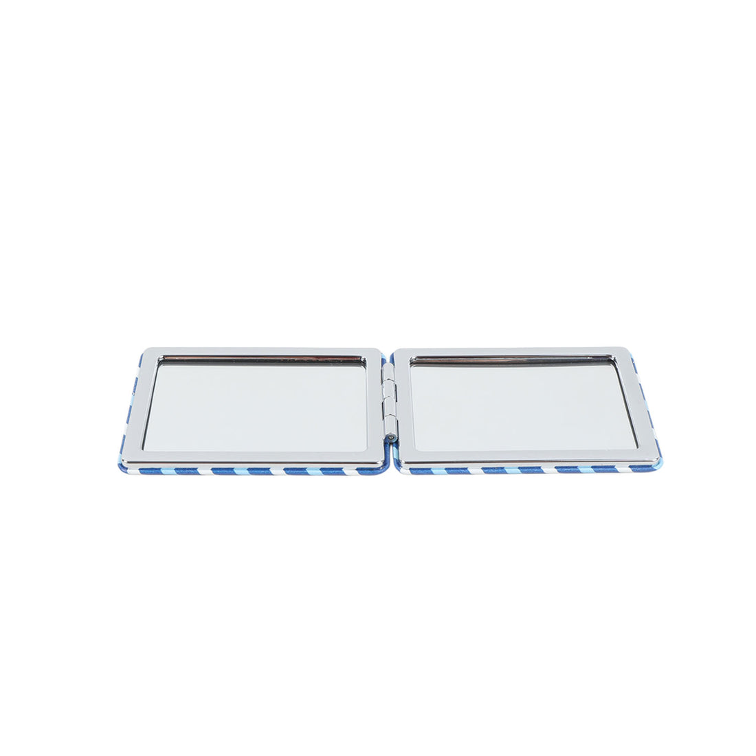 Double-sided compact mirror open with two reflective surfaces in blue pattern trim