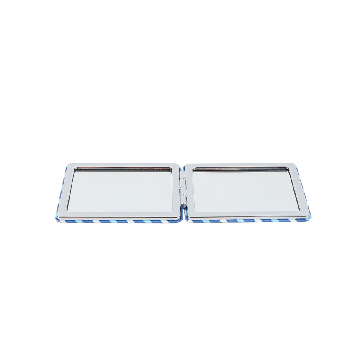 Double-sided compact mirror open with two reflective surfaces in blue pattern trim