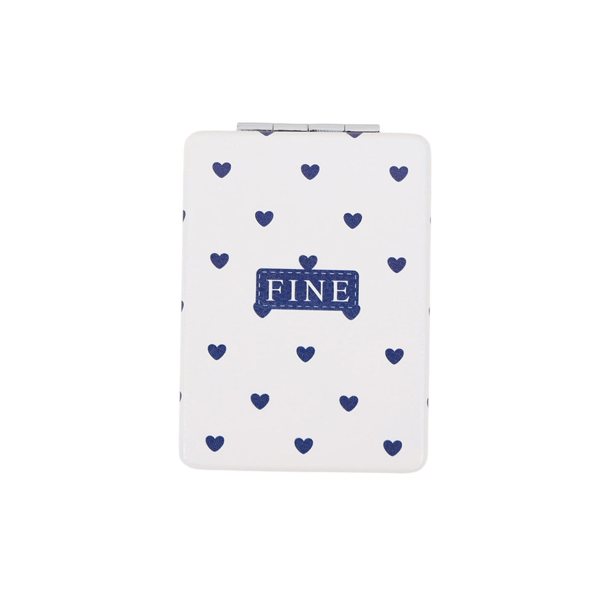 Double-sided compact mirror with navy heart pattern and “FINE” label