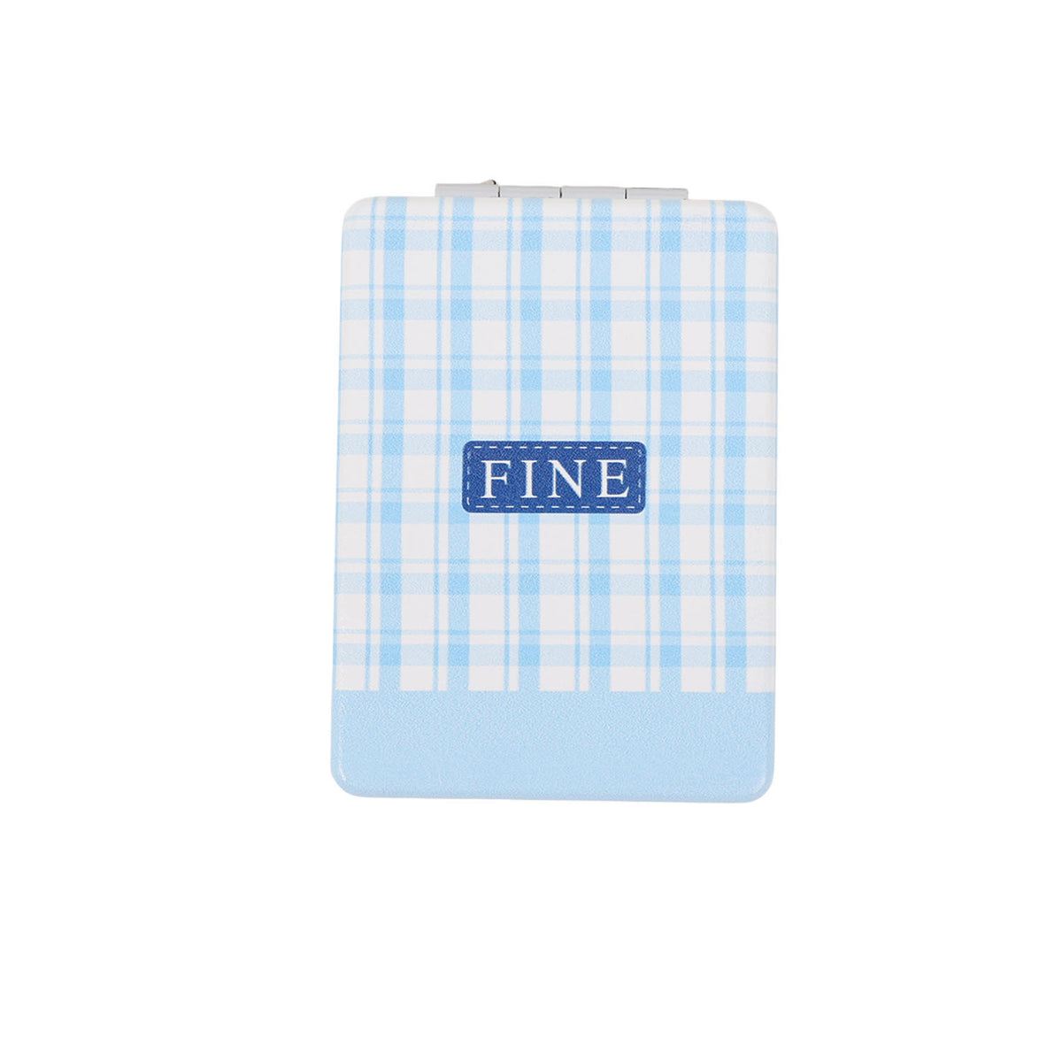 Double-sided compact mirror with light blue plaid pattern and “FINE” label