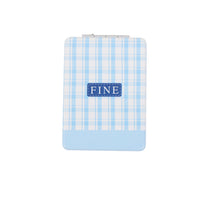 Double-sided compact mirror with light blue plaid pattern and “FINE” label