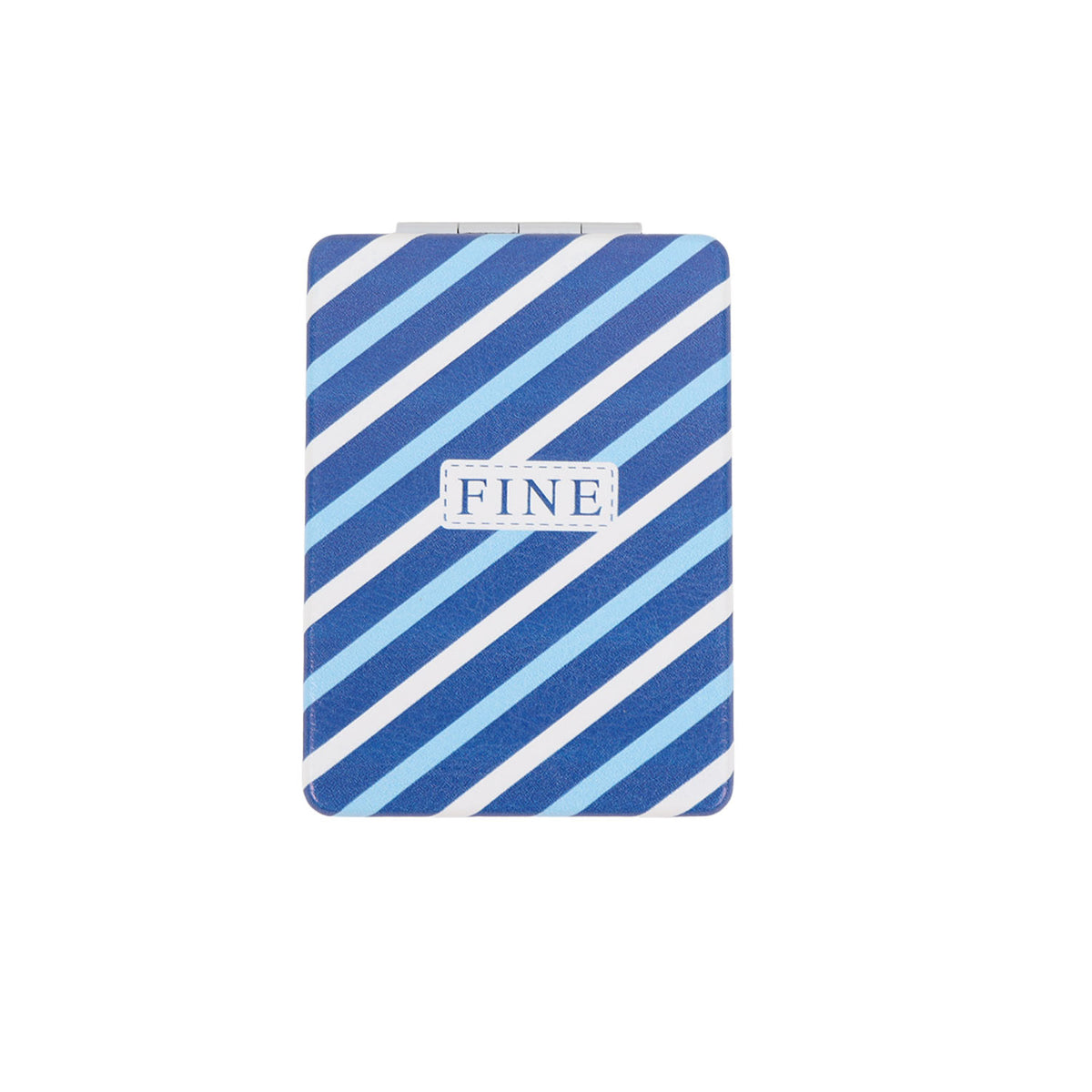 Double-sided compact mirror with blue-and-white diagonal stripe pattern and “FINE” label