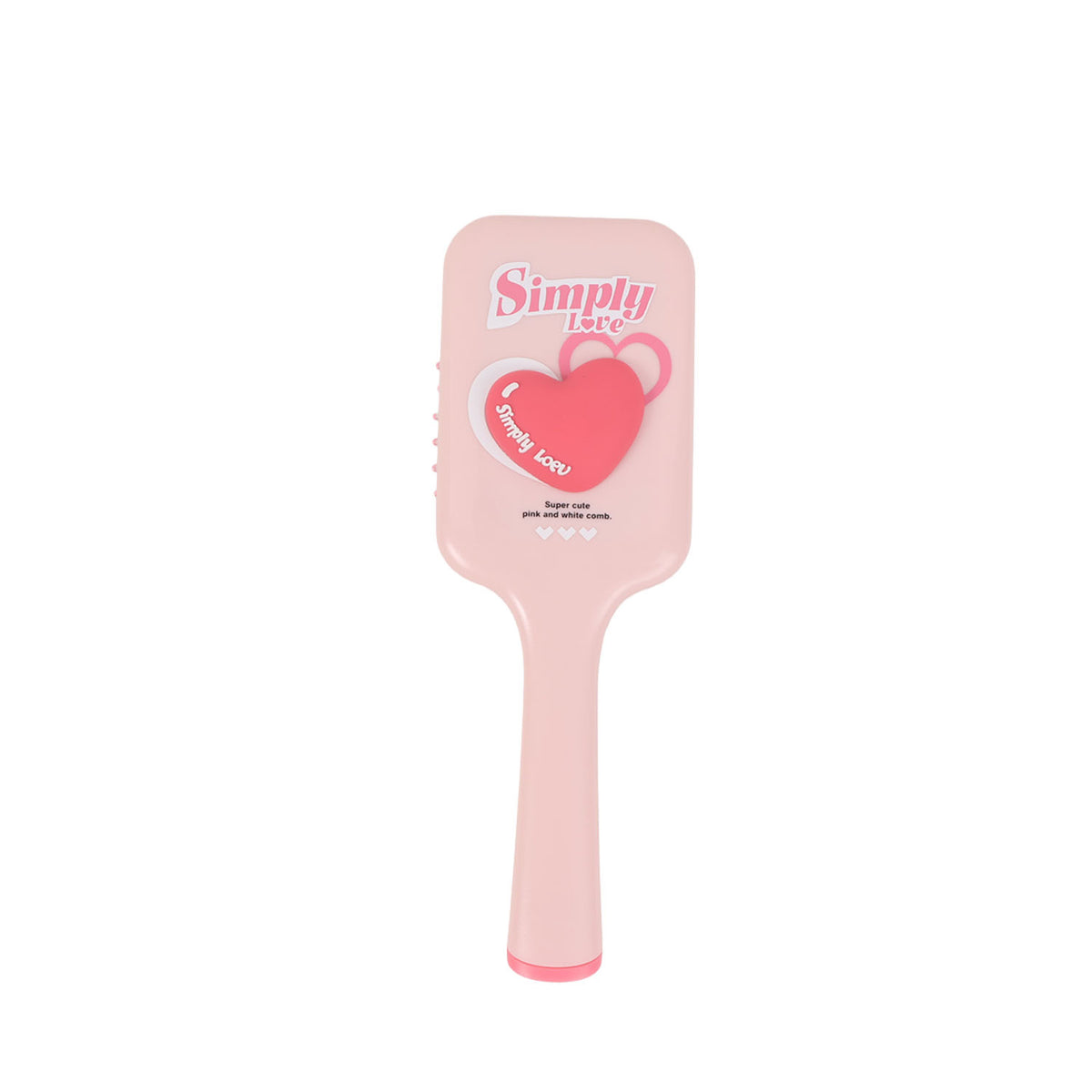 Pink square cushion hairbrush with heart logo and ergonomic handle
