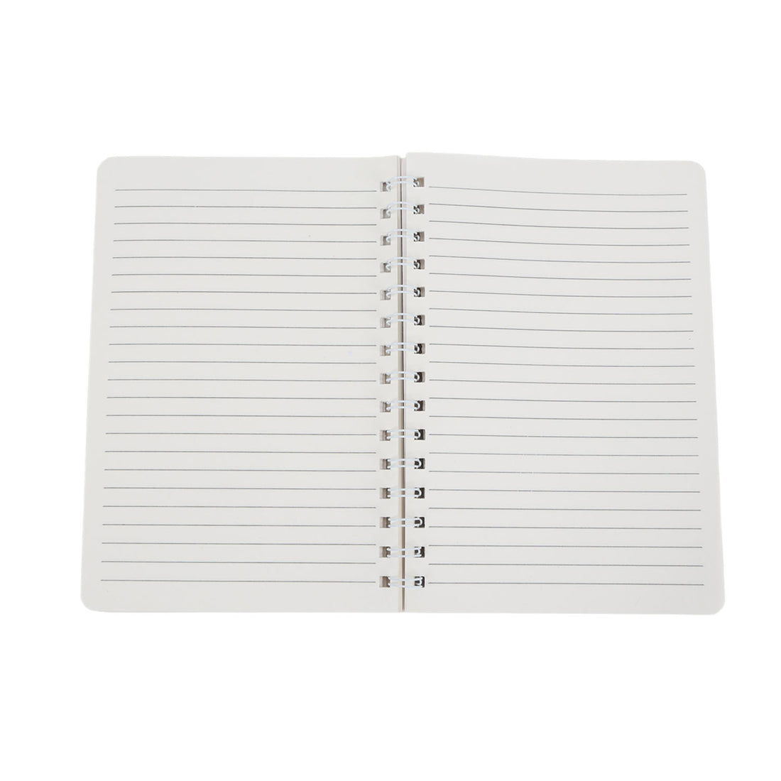 Open ruled notebook with white pages and metal spiral binding