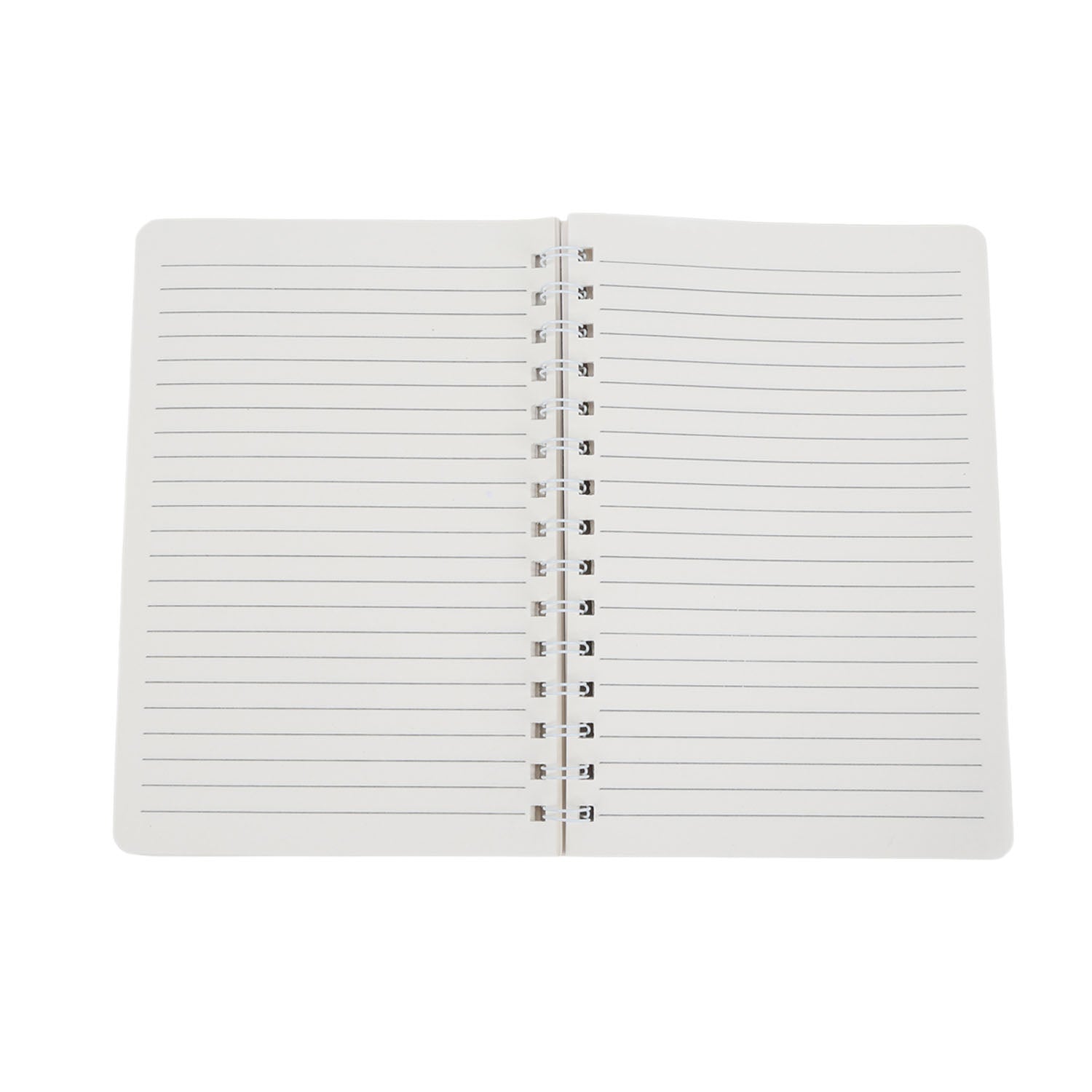 Open ruled notebook with white pages and metal spiral binding