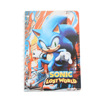 Blue Sonic spiral notebook with illustrated character and brick-style background cover
