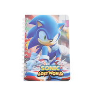 Blue Sonic spiral notebook with Sonic holding sneakers, colorful illustrated cover