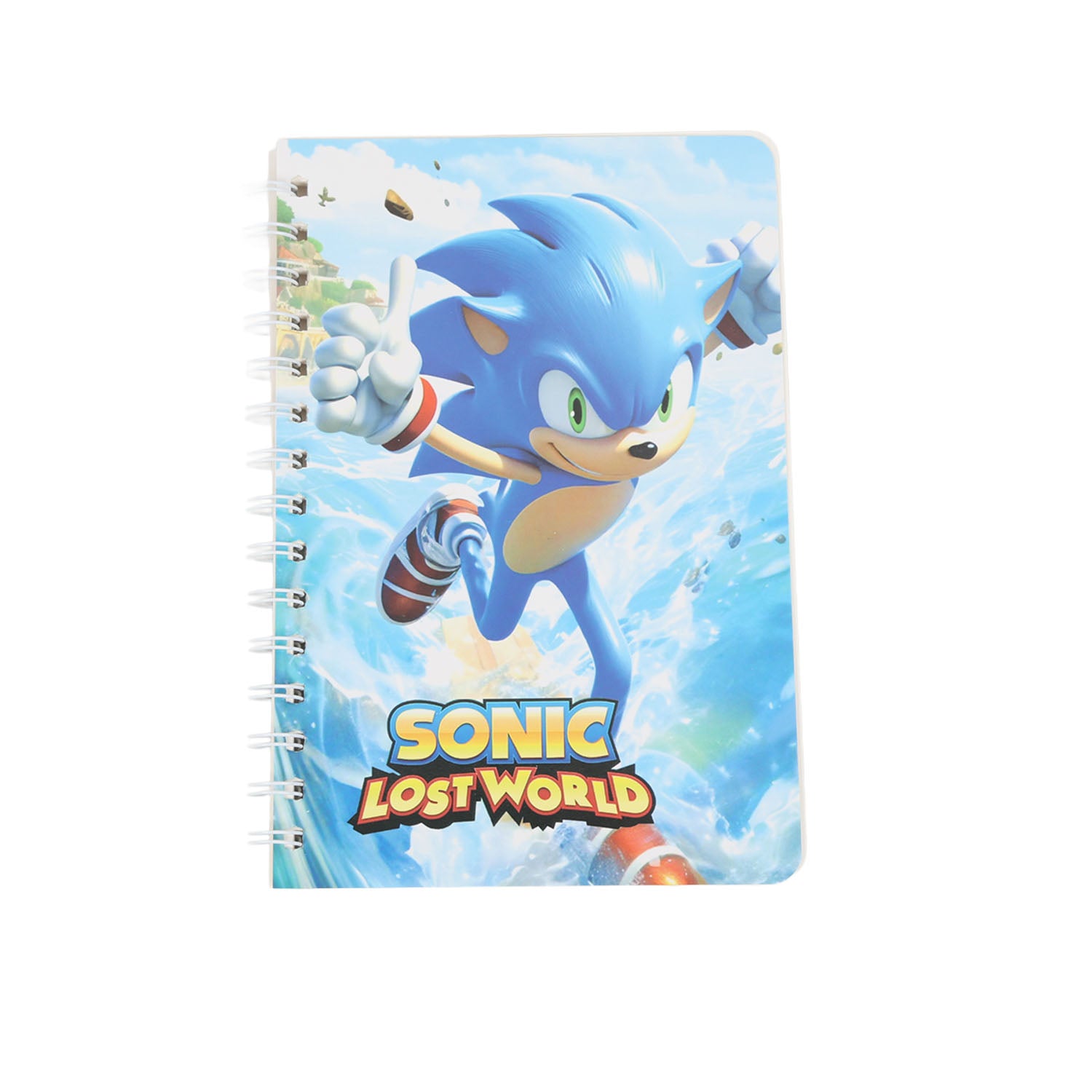Blue Sonic spiral notebook with Sonic flying pose and clouds illustration on cover
